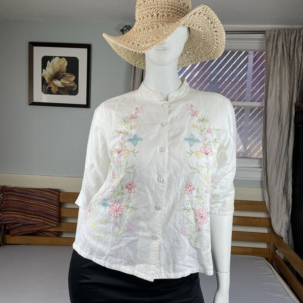 ERIKA Embroidered Linen/Cotton Top Shirt Women’s Large White Floral Button Up